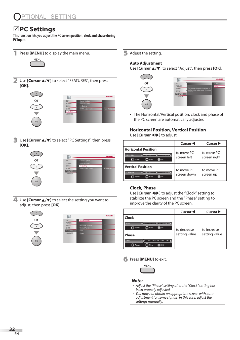 Ptional setting, Pc settings, Horizontal position, vertical position | Clock, phase, Press [menu] to display the main menu, Use [cursor s / b ] to adjust, Press [menu] to exit | Philips Magnavox 32MF338B User Manual | Page 32 / 38