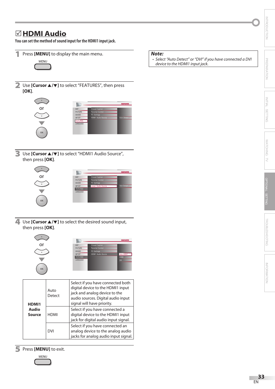 Hdmi audio, Troubleshooting information, Press [menu] to display the main menu | Press [menu] to exit | Philips Magnavox 32MF338B User Manual | Page 33 / 38