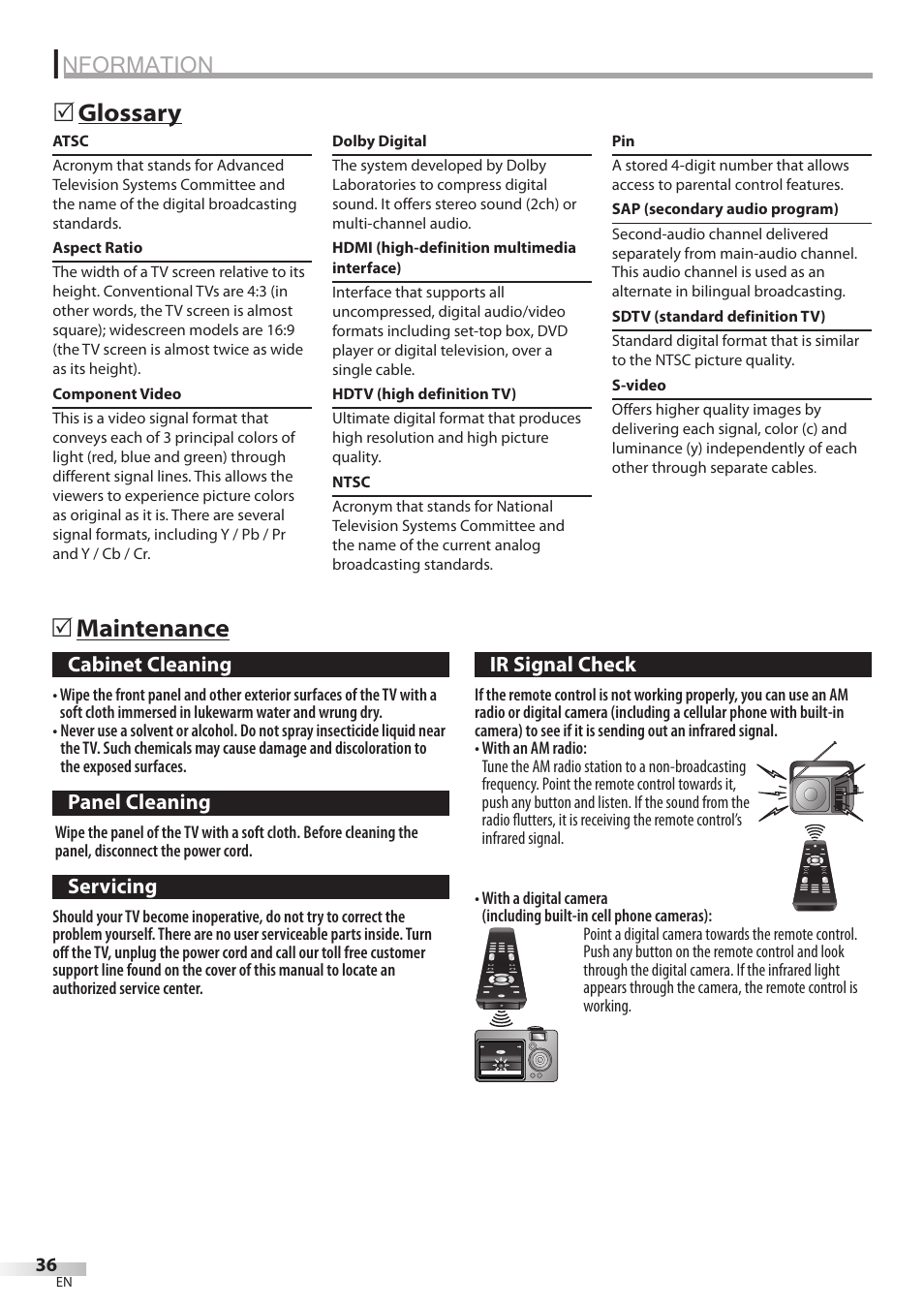 Nformation, Maintenance 5, Glossary 5 | Philips Magnavox 32MF338B User Manual | Page 36 / 38