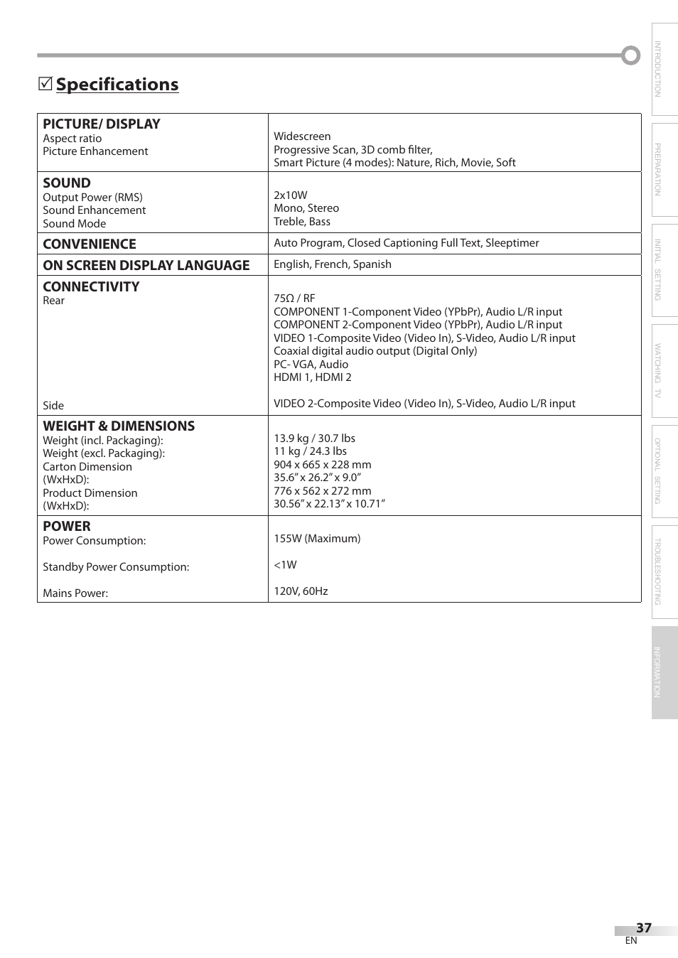 Specifications | Philips Magnavox 32MF338B User Manual | Page 37 / 38