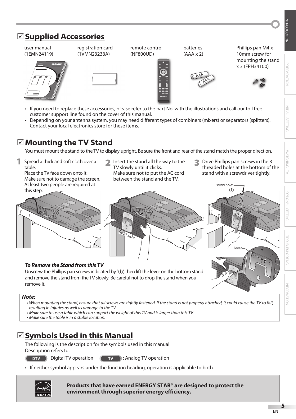 Symbols used in this manual, Mounting the tv stand, Supplied accessories 5 | Philips Magnavox 32MF338B User Manual | Page 5 / 38