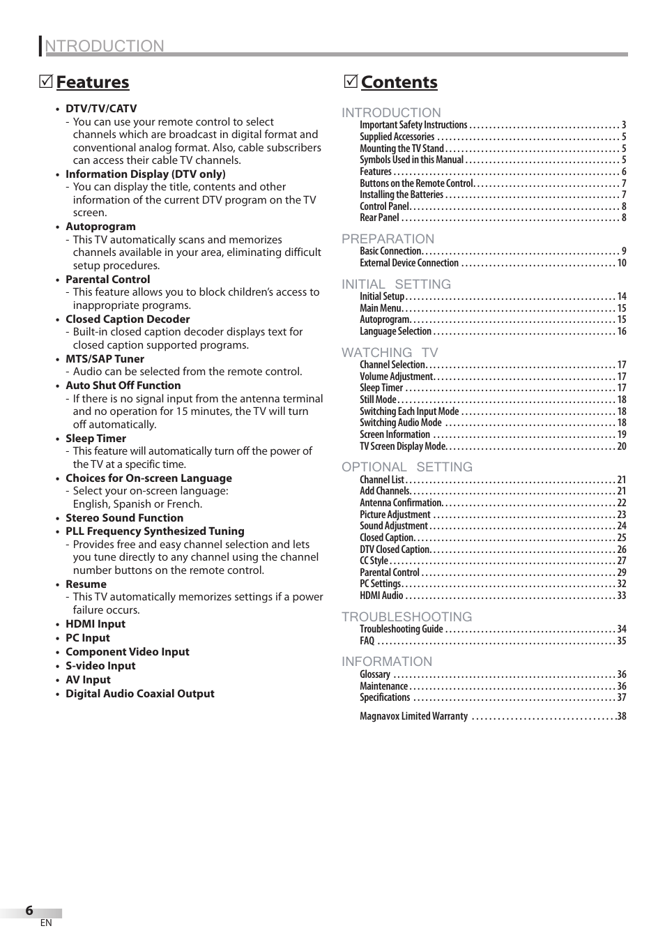 Ntroduction, Introduction, Preparation | Initial setting, Watching tv, Optional setting, Troubleshooting, Information, Contents 5, Features 5 | Philips Magnavox 32MF338B User Manual | Page 6 / 38