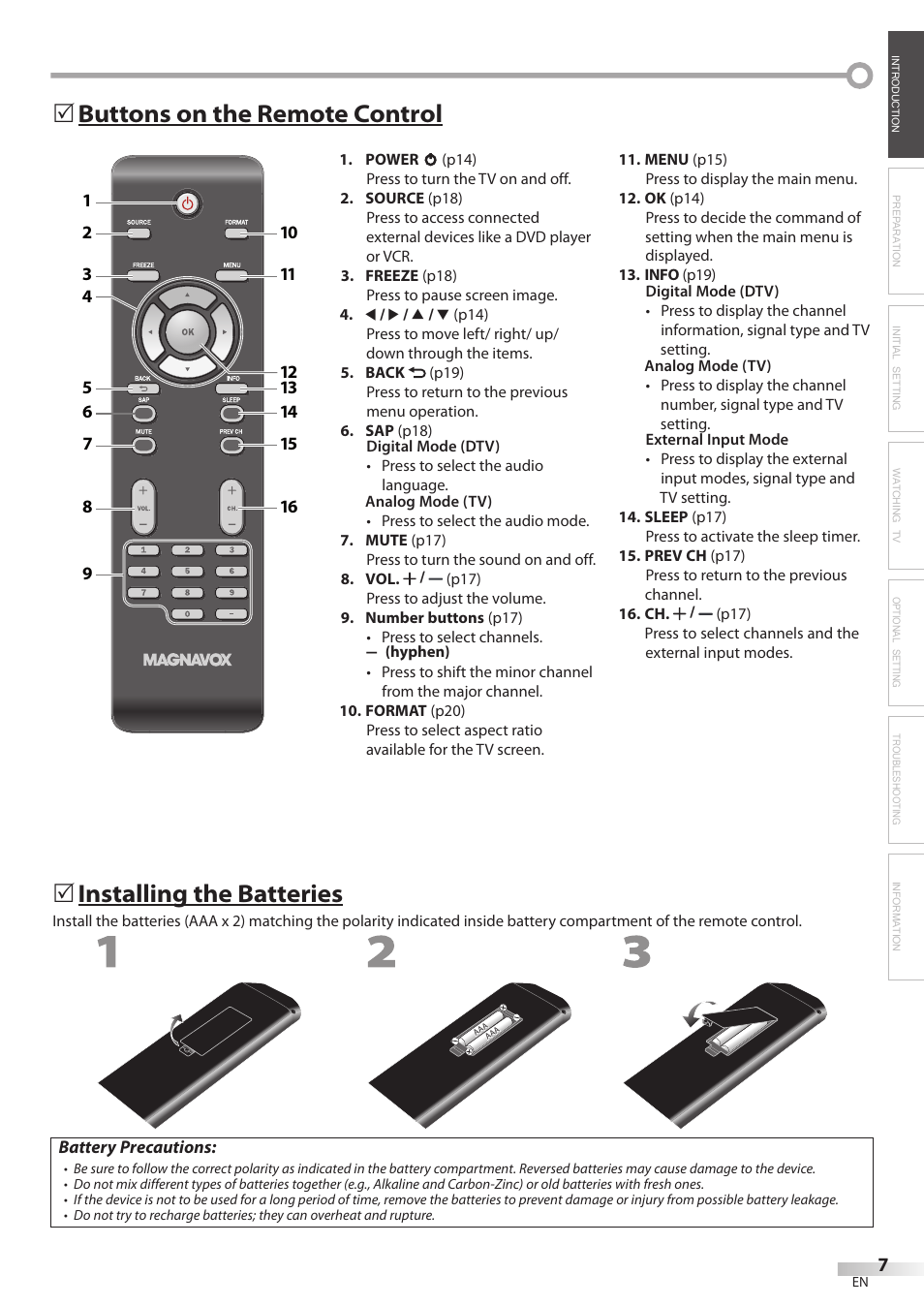 Buttons on the remote control 5, Installing the batteries | Philips Magnavox 32MF338B User Manual | Page 7 / 38