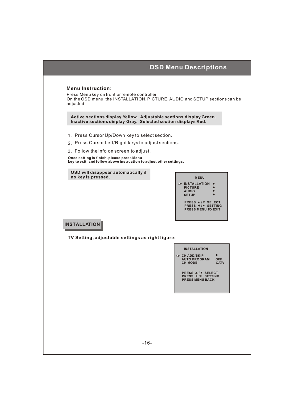 Osd menu descriptions | Philips Magnavox 20MF200V User Manual | Page 16 / 28