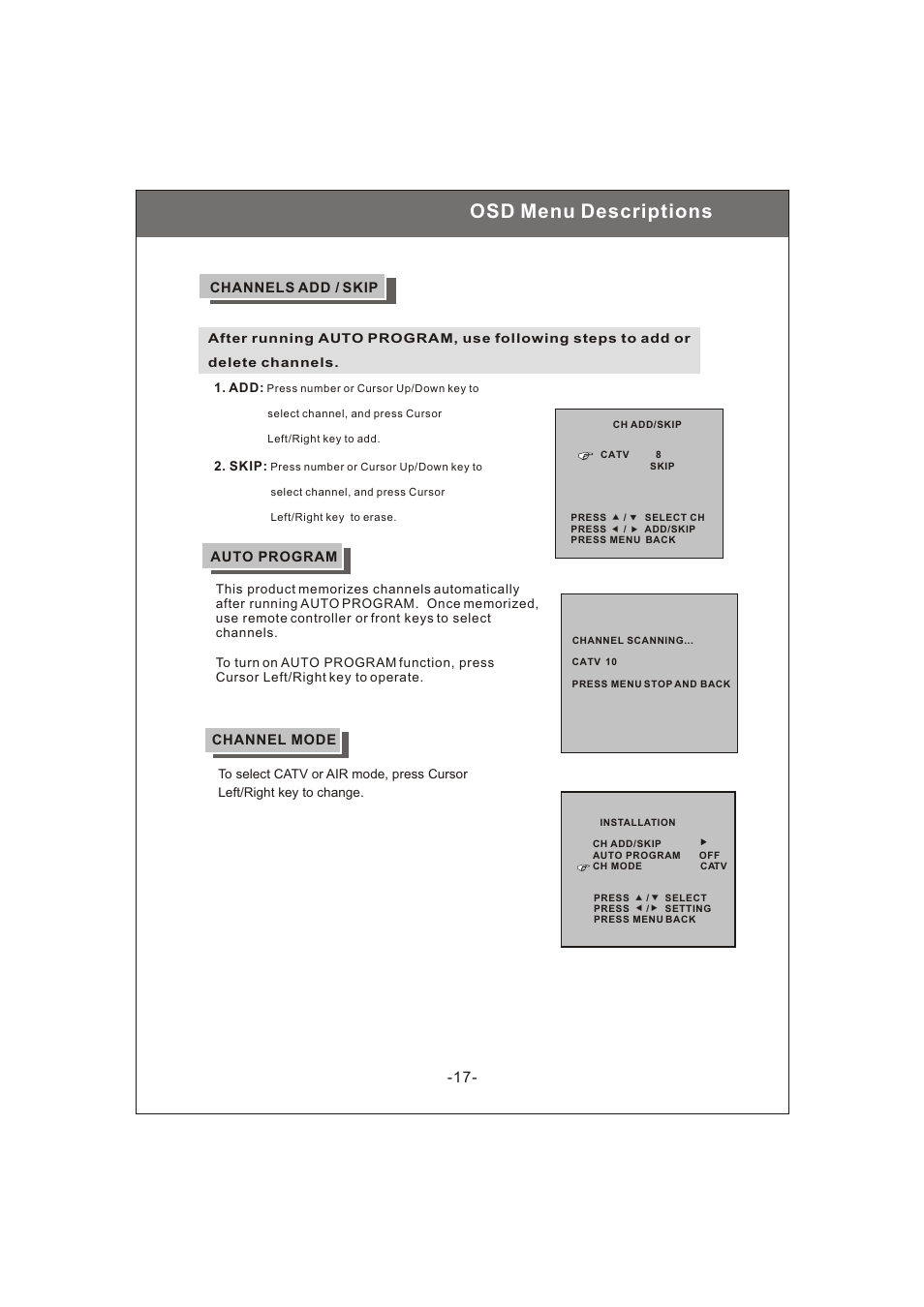 Osd menu descriptions | Philips Magnavox 20MF200V User Manual | Page 17 / 28