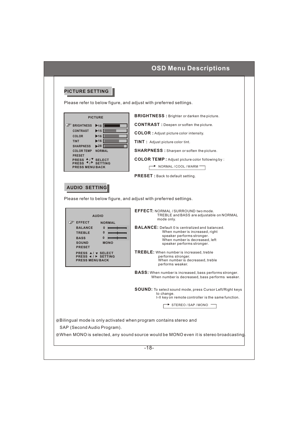 Osd menu descriptions | Philips Magnavox 20MF200V User Manual | Page 18 / 28