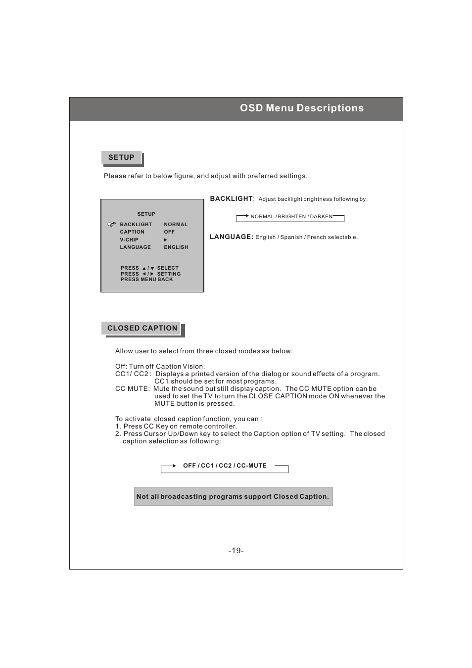 Osd menu descriptions | Philips Magnavox 20MF200V User Manual | Page 19 / 28