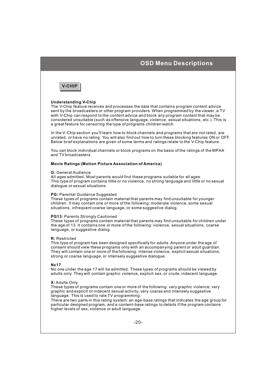 Osd menu descriptions | Philips Magnavox 20MF200V User Manual | Page 20 / 28