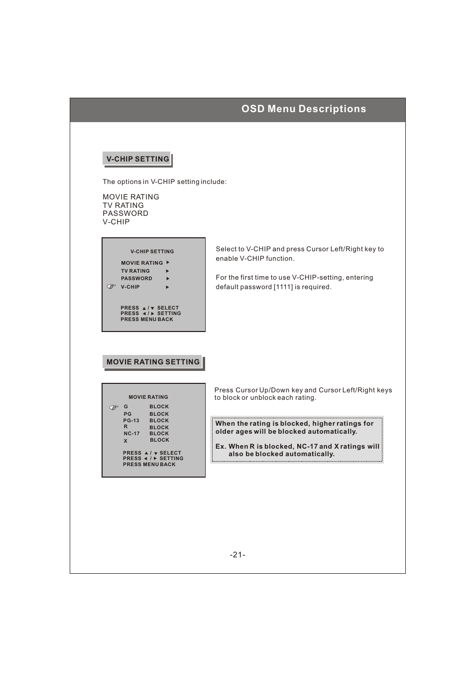 Osd menu descriptions | Philips Magnavox 20MF200V User Manual | Page 21 / 28