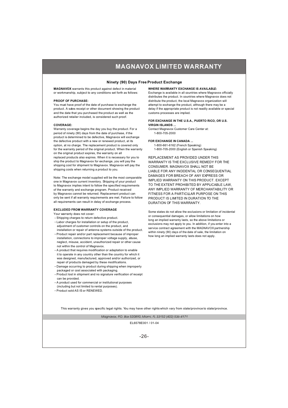 Magnavox limited warranty | Philips Magnavox 20MF200V User Manual | Page 26 / 28