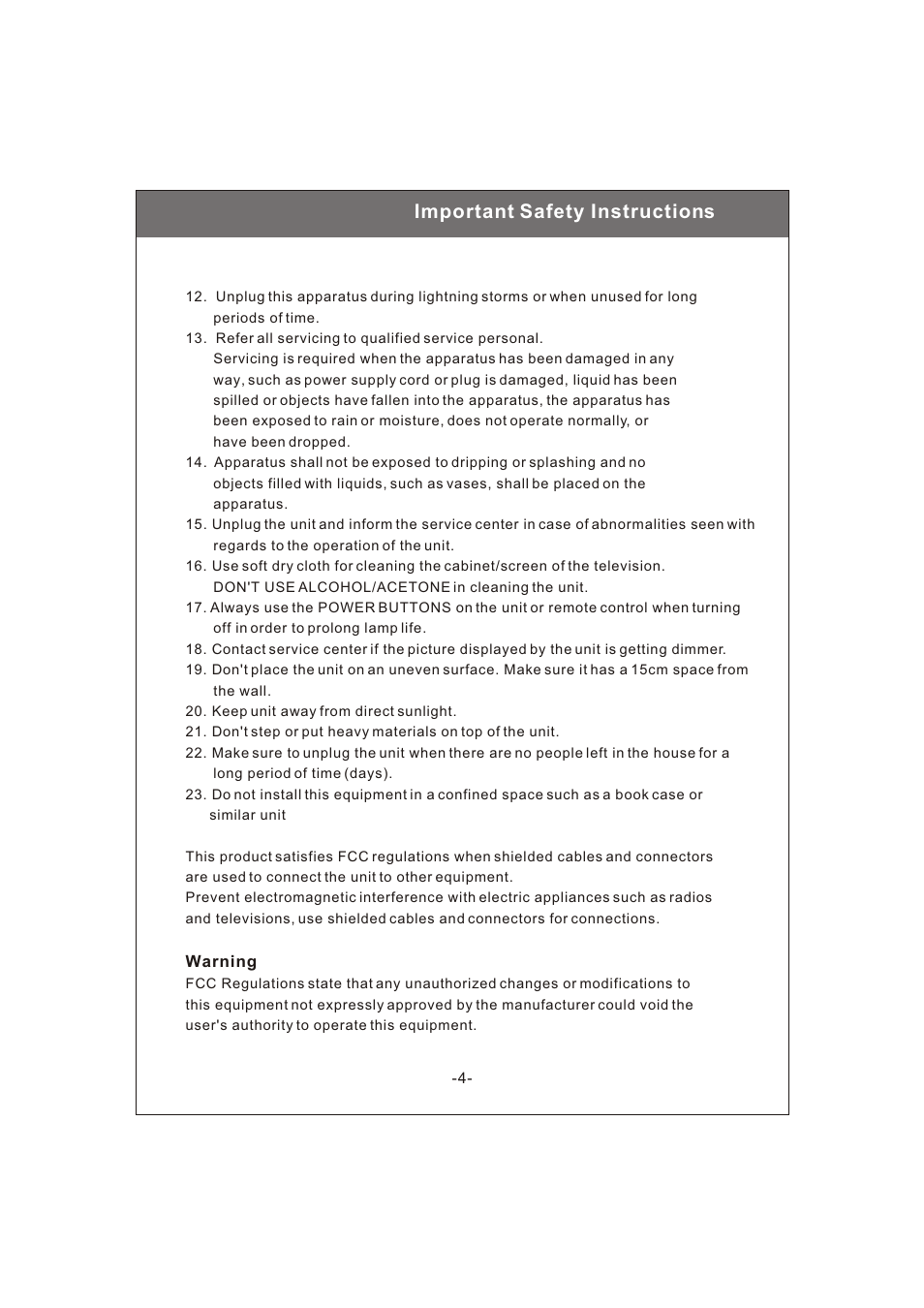 Important safety instructions | Philips Magnavox 20MF200V User Manual | Page 4 / 28