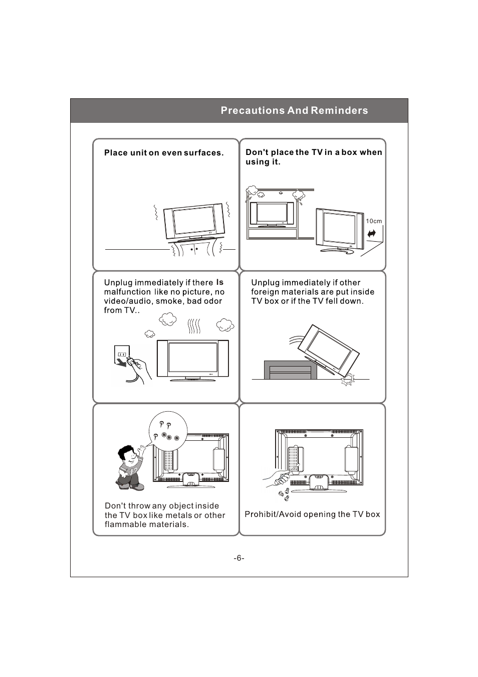 Precautions and reminders | Philips Magnavox 20MF200V User Manual | Page 6 / 28