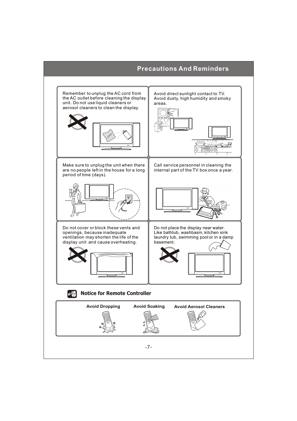 Precautions and reminders | Philips Magnavox 20MF200V User Manual | Page 7 / 28