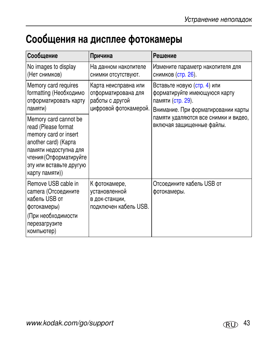 Сообщения на дисплее фотокамеры | Kodak C300 User Manual | Page 49 / 79