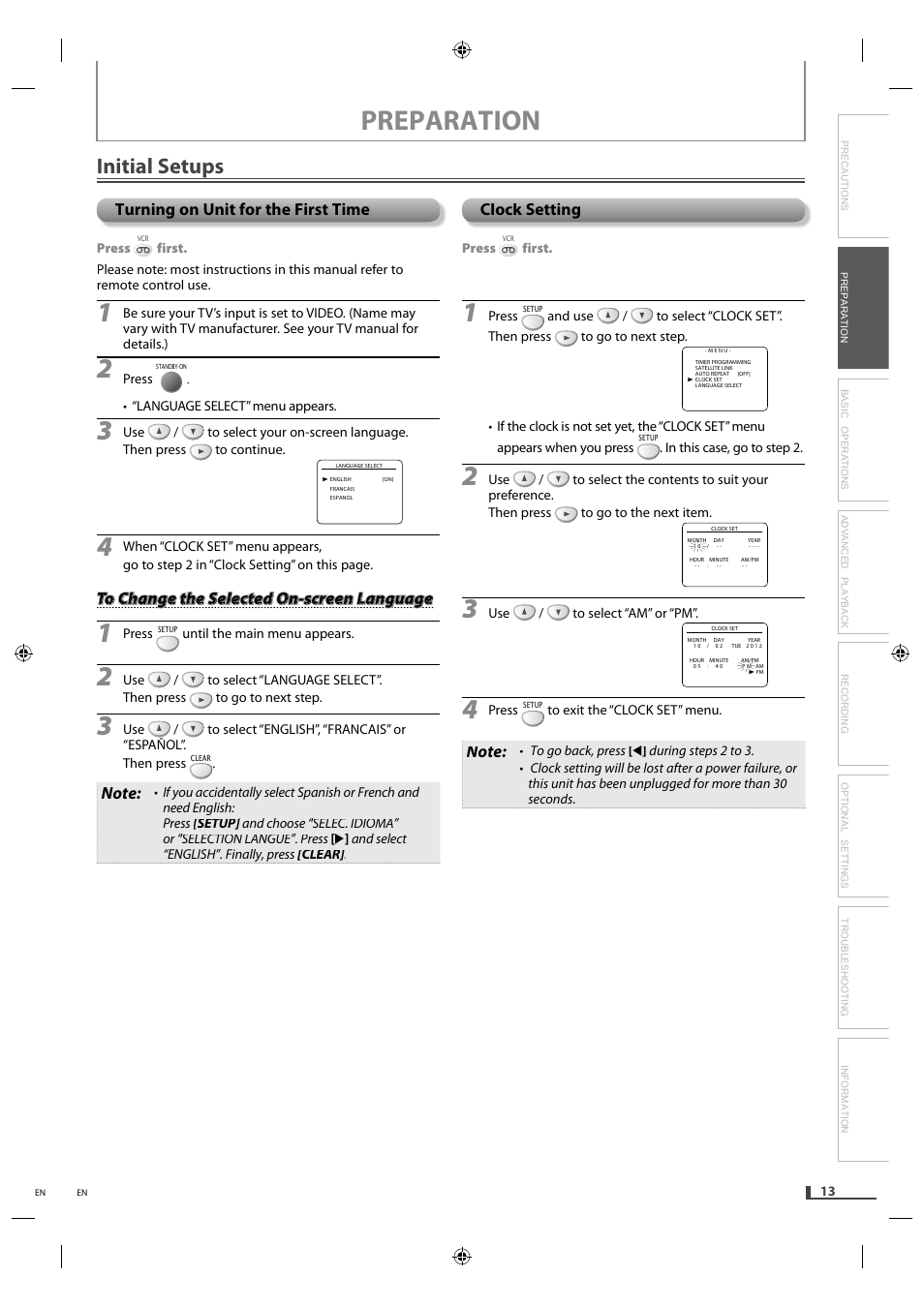 Initial setups, Turning on unit for the first time, Clock setting | Preparation | Philips Magnavox DVD/CD Player with Video Cassette Recorder DV220MW9 User Manual | Page 13 / 28