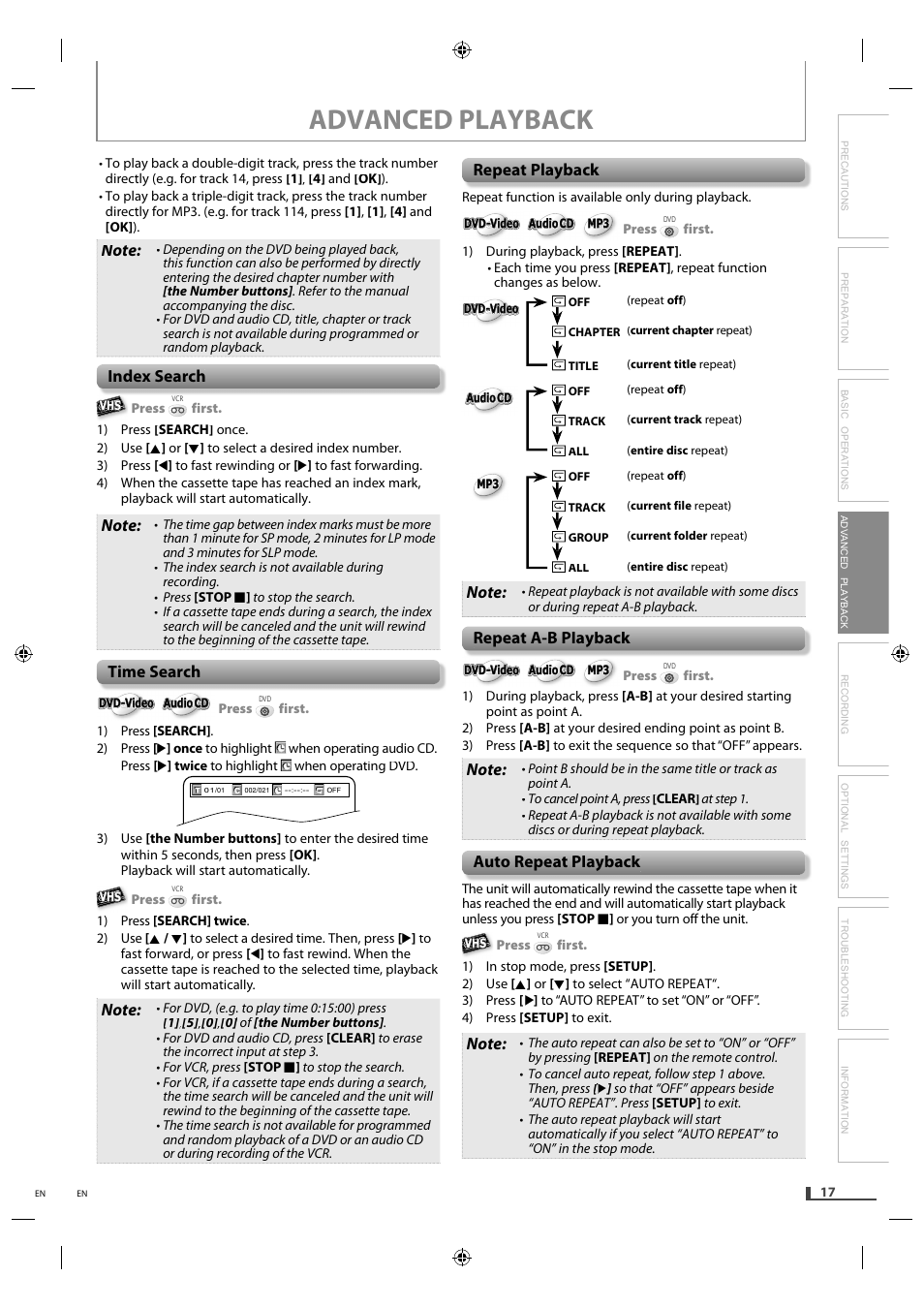 Index search, Time search, Repeat playback | Repeat a-b playback, Auto repeat playback, Advanced playback | Philips Magnavox DVD/CD Player with Video Cassette Recorder DV220MW9 User Manual | Page 17 / 28