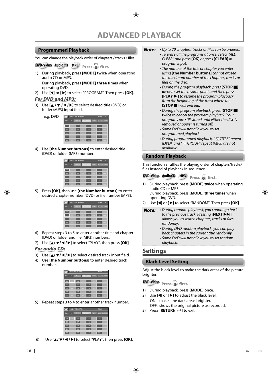 Programmed playback, Random playback, Settings | Black level setting, Advanced playback, For dvd and mp3, For audio cd, Press, Dvd-video | Philips Magnavox DVD/CD Player with Video Cassette Recorder DV220MW9 User Manual | Page 18 / 28