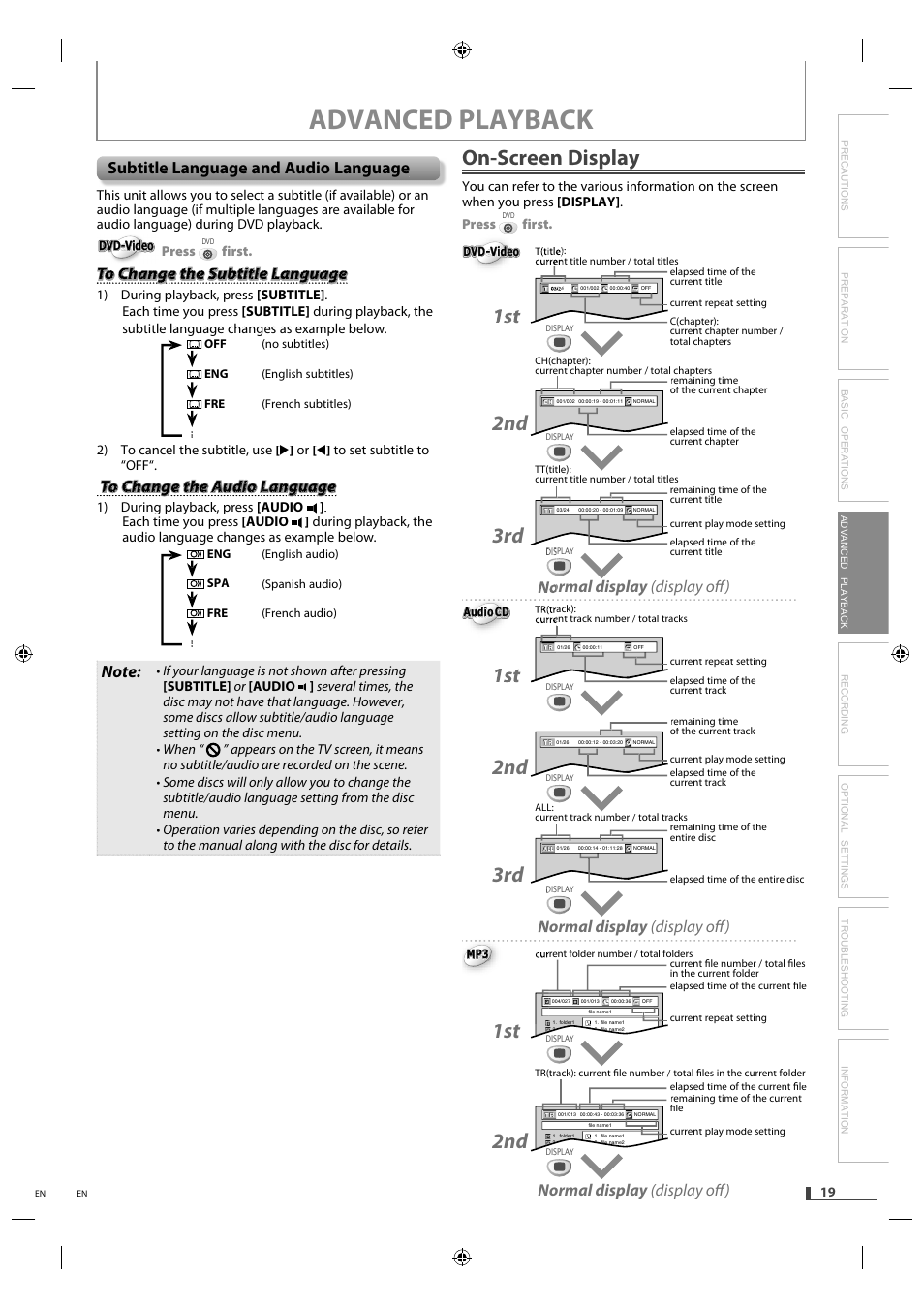 Subtitle language and audio language, On-screen display, Advanced playback | 1st 2nd 3rd, Normal display (display off) | Philips Magnavox DVD/CD Player with Video Cassette Recorder DV220MW9 User Manual | Page 19 / 28