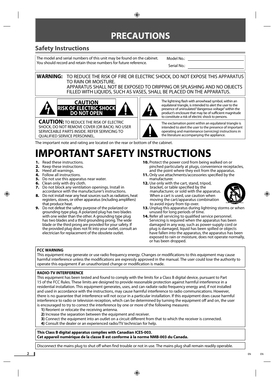 Precautions, Safety instructions, Important safety instructions | Caution, Caution risk of electric shock do not open | Philips Magnavox DVD/CD Player with Video Cassette Recorder DV220MW9 User Manual | Page 2 / 28