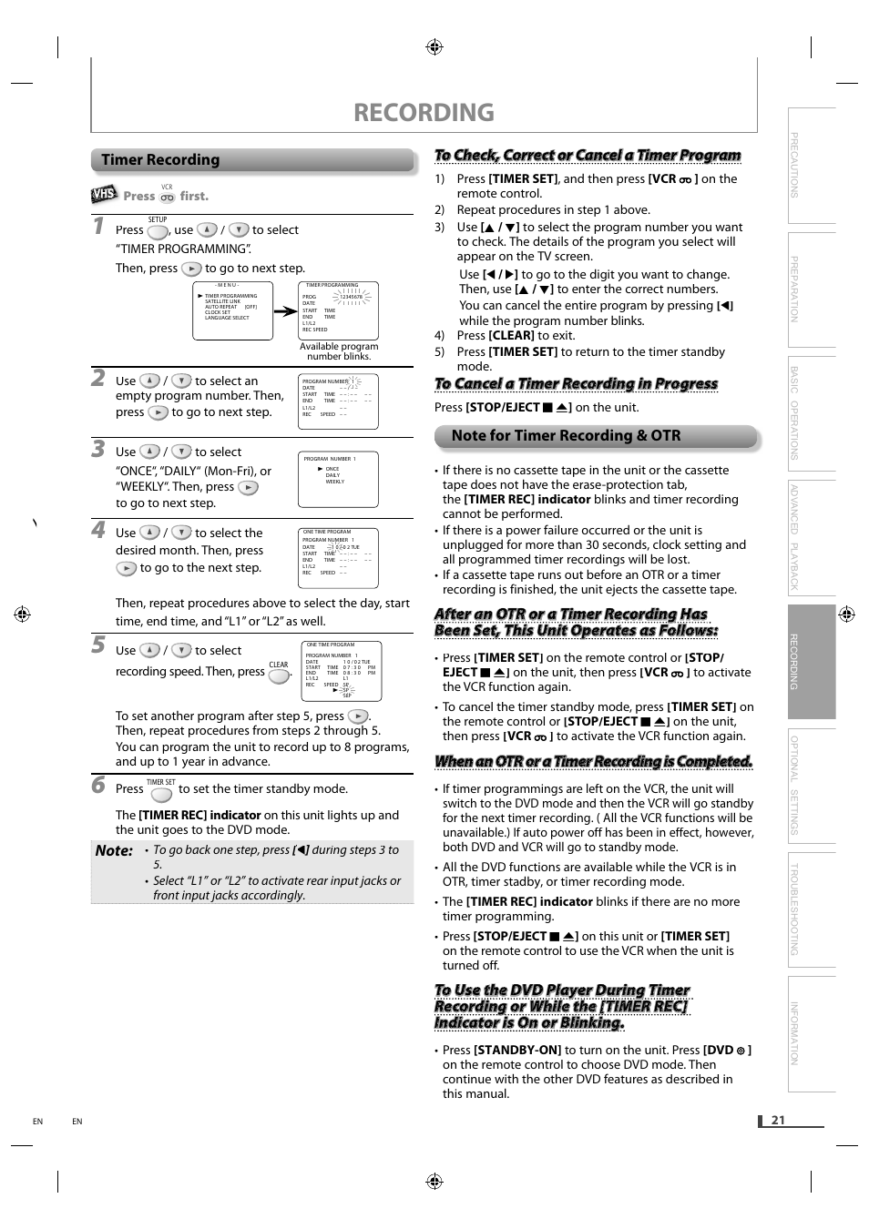 Timer recording, Note for timer recording & otr, Recording | Philips Magnavox DVD/CD Player with Video Cassette Recorder DV220MW9 User Manual | Page 21 / 28
