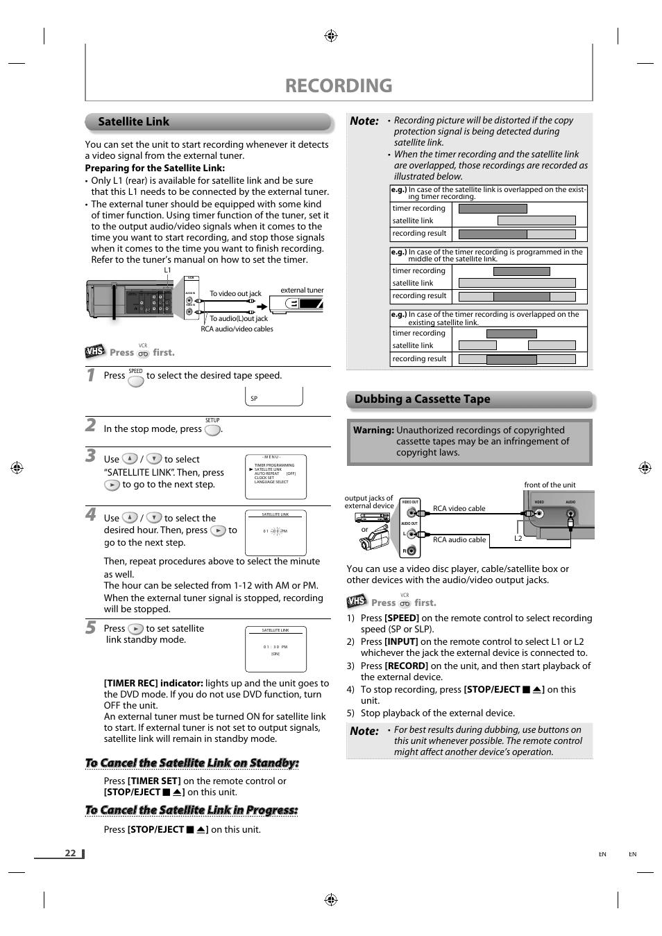Satellite link, Dubbing a cassette tape, Recording | Philips Magnavox DVD/CD Player with Video Cassette Recorder DV220MW9 User Manual | Page 22 / 28