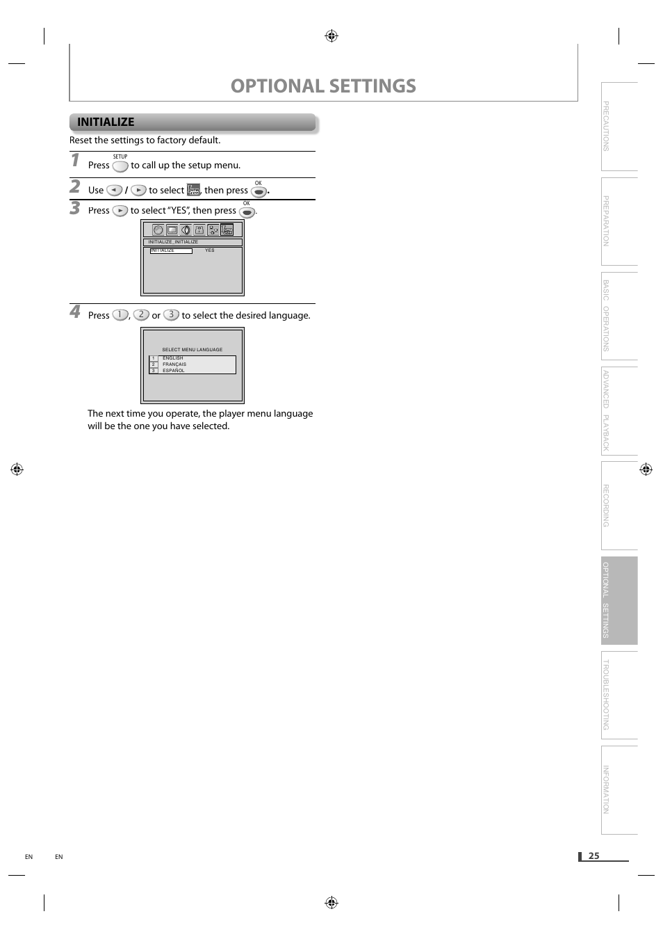 Initialize, Optional settings | Philips Magnavox DVD/CD Player with Video Cassette Recorder DV220MW9 User Manual | Page 25 / 28