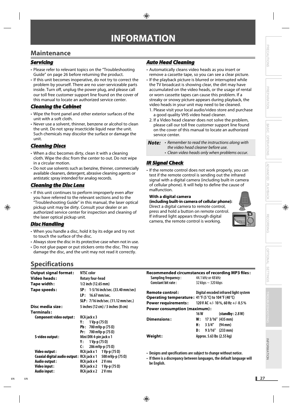 Information, Maintenance, Specifications | Philips Magnavox DVD/CD Player with Video Cassette Recorder DV220MW9 User Manual | Page 27 / 28