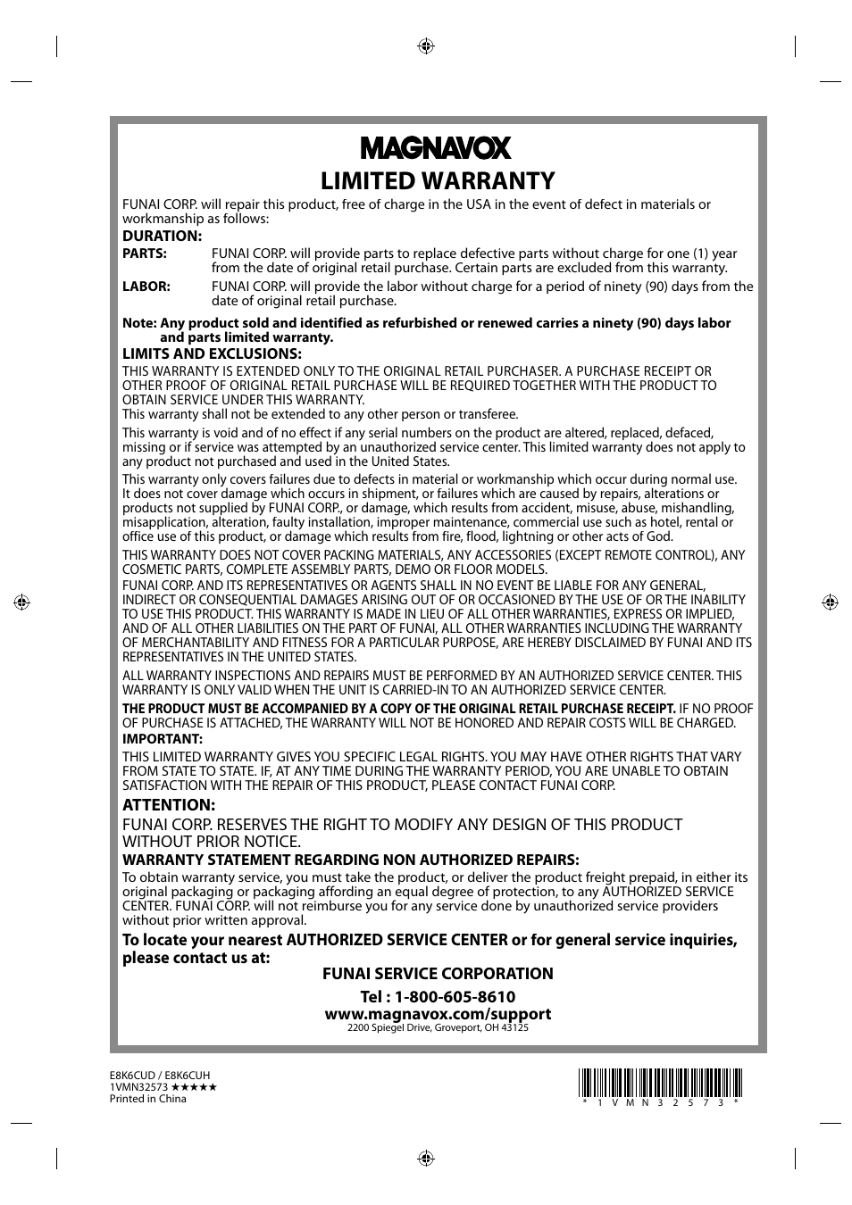 Limited warranty | Philips Magnavox DVD/CD Player with Video Cassette Recorder DV220MW9 User Manual | Page 28 / 28