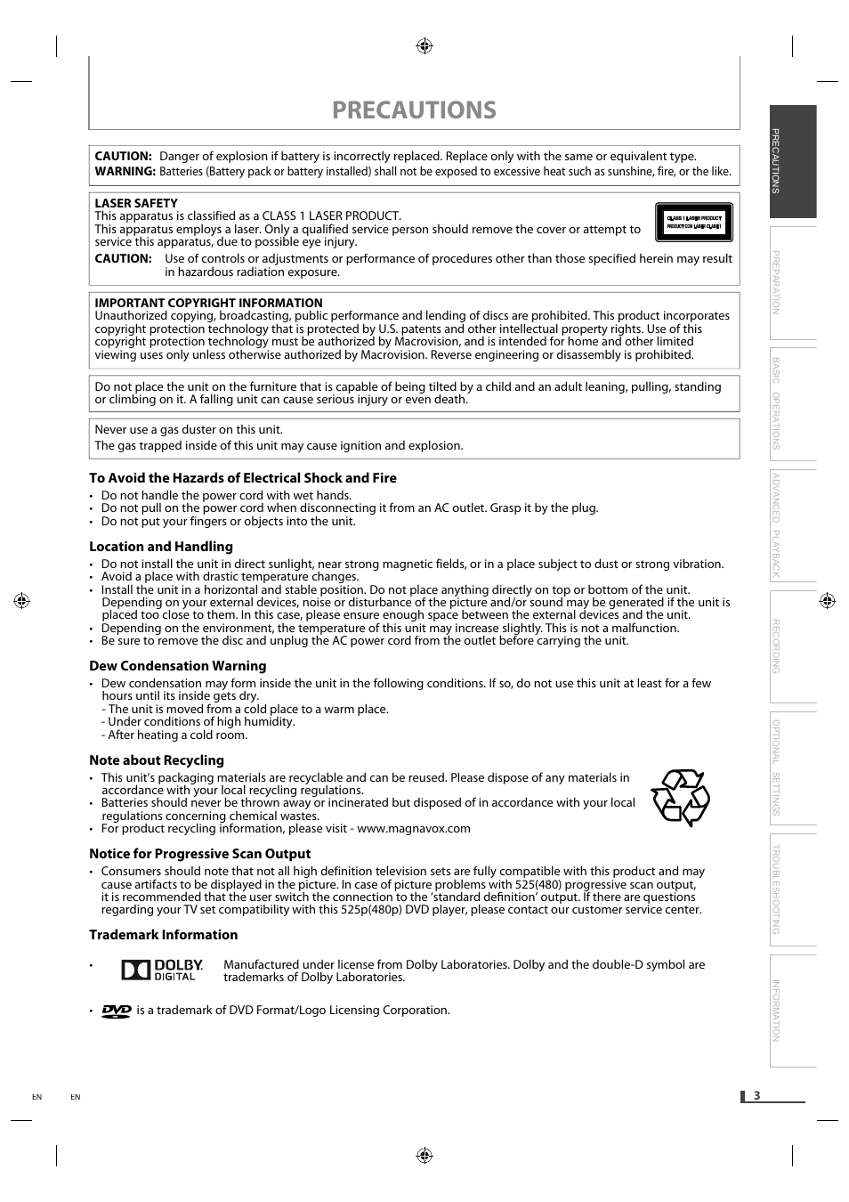 Precautions | Philips Magnavox DVD/CD Player with Video Cassette Recorder DV220MW9 User Manual | Page 3 / 28