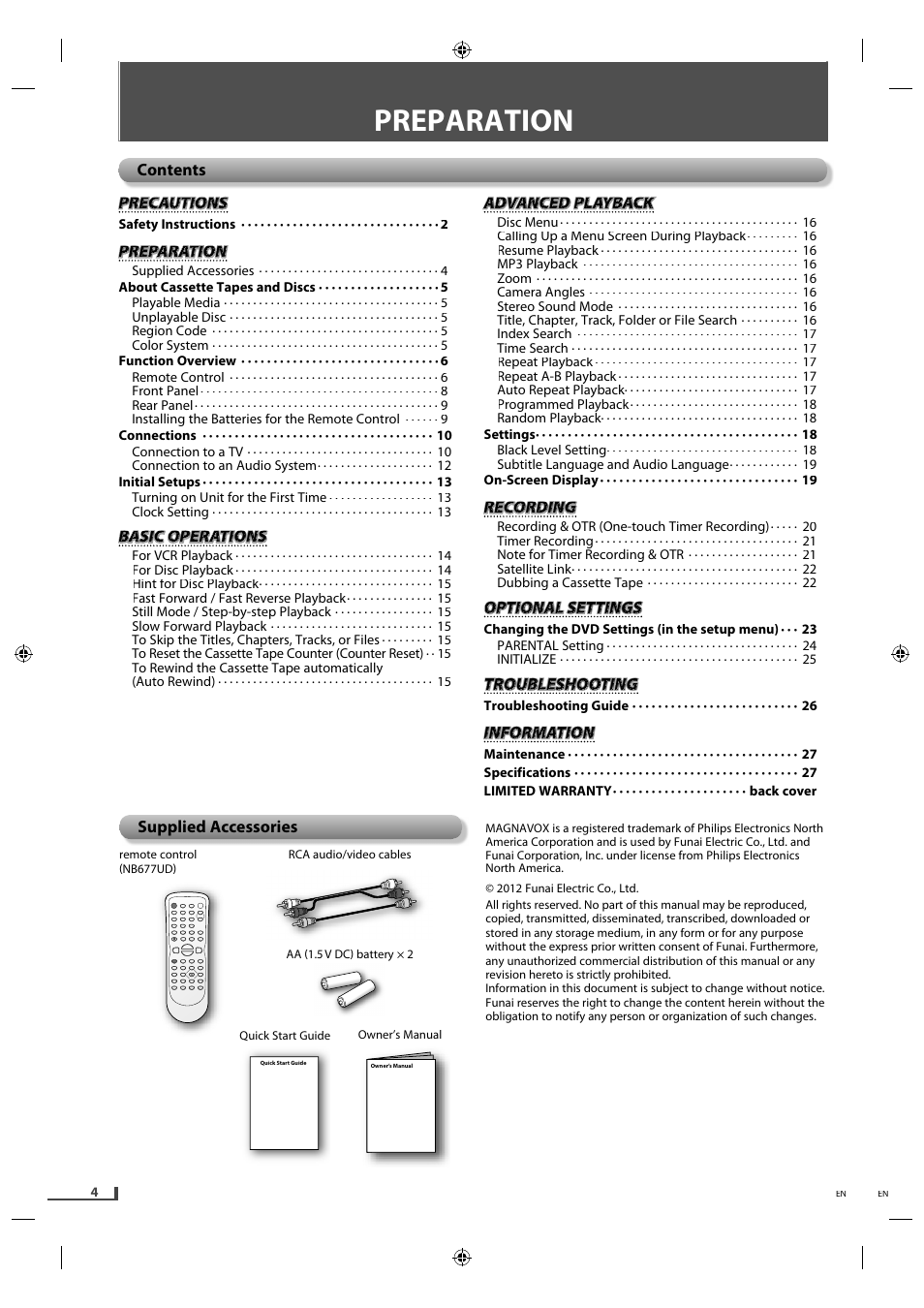 Preparation, Supplied accessories | Philips Magnavox DVD/CD Player with Video Cassette Recorder DV220MW9 User Manual | Page 4 / 28
