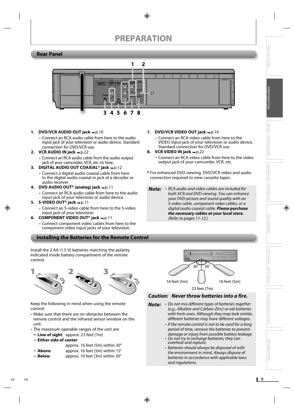 Rear panel, Installing the batteries for the remote control, Preparation | Philips Magnavox DVD/CD Player with Video Cassette Recorder DV220MW9 User Manual | Page 9 / 28
