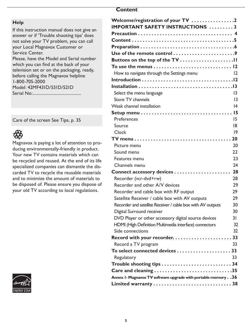 Philips Magnavox 42MF431D User Manual | Page 5 / 38