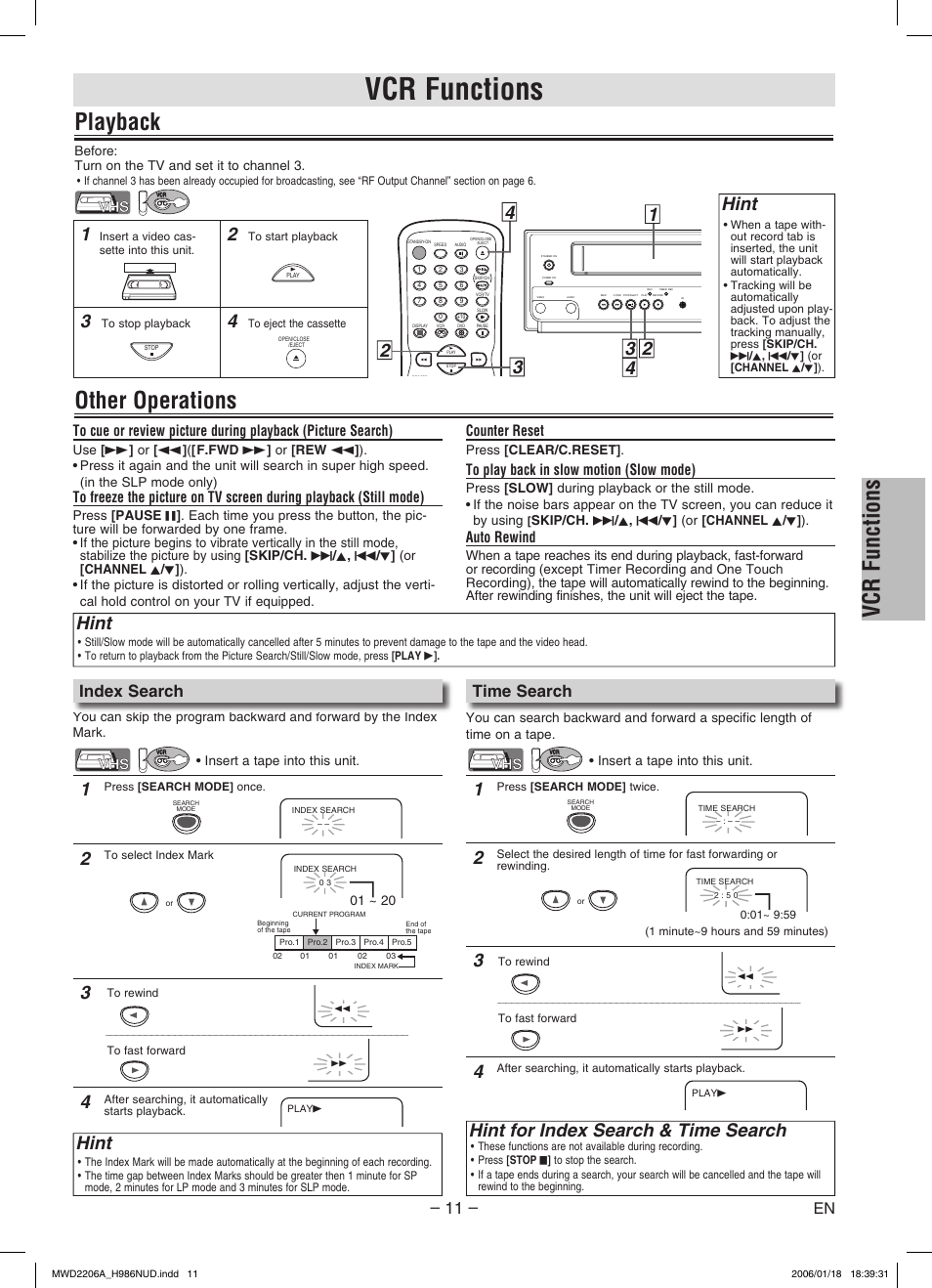 Vcr functions, Playback, Other operations | Hint, Hint for index search & time search, Index search, Time search, Counter reset, Auto rewind | Philips Magnavox MWD2206A User Manual | Page 11 / 28