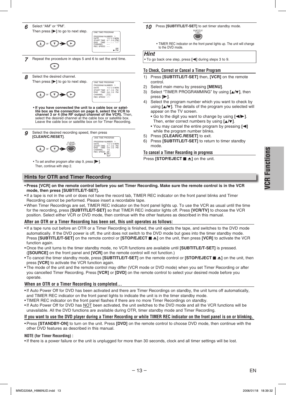 Vcr functions, Hint, Hints for otr and timer recording | When an otr or a timer recording is completed | Philips Magnavox MWD2206A User Manual | Page 13 / 28