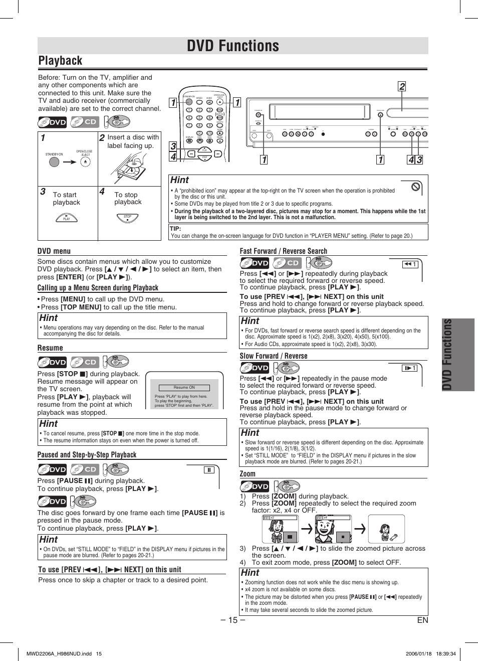 Dvd functions, Playback, Hint | Paused and step-by-step playback, Fast forward / reverse search, Dvd menu, Calling up a menu screen during playback, Resume, Zoom, Slow forward / reverse | Philips Magnavox MWD2206A User Manual | Page 15 / 28