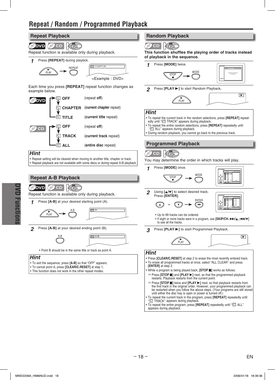 Dvd functions, Repeat / random / programmed playback, Hint | Repeat playback, Programmed playback, Random playback, Repeat a-b playback | Philips Magnavox MWD2206A User Manual | Page 18 / 28