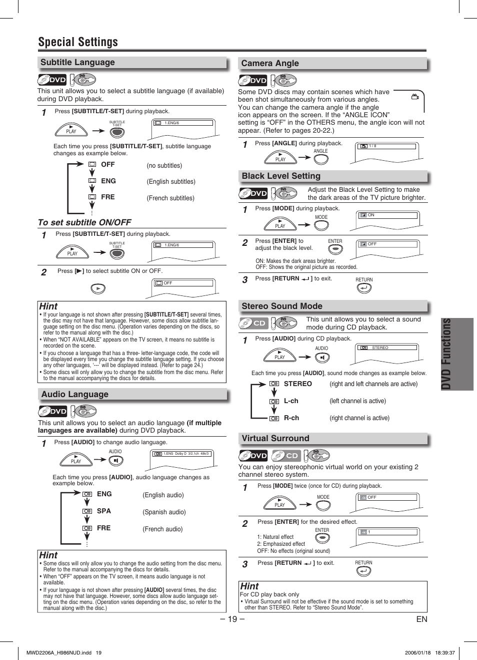 Dvd functions, Special settings, Hint | Subtitle language, Camera angle, Stereo sound mode, Black level setting, Virtual surround, Audio language | Philips Magnavox MWD2206A User Manual | Page 19 / 28