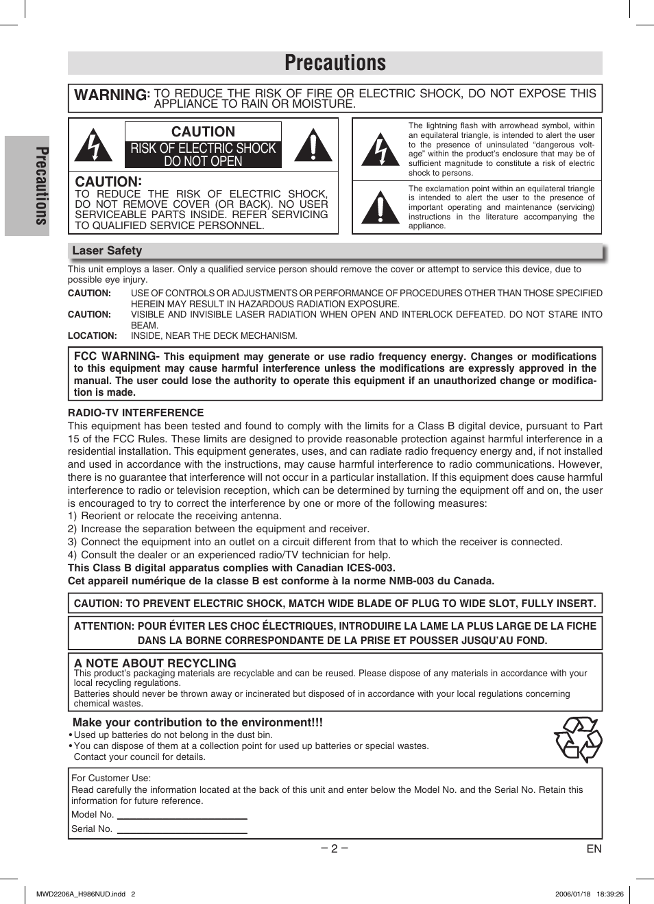 Precautions, Warning, Caution risk of electric shock do not open caution | Philips Magnavox MWD2206A User Manual | Page 2 / 28