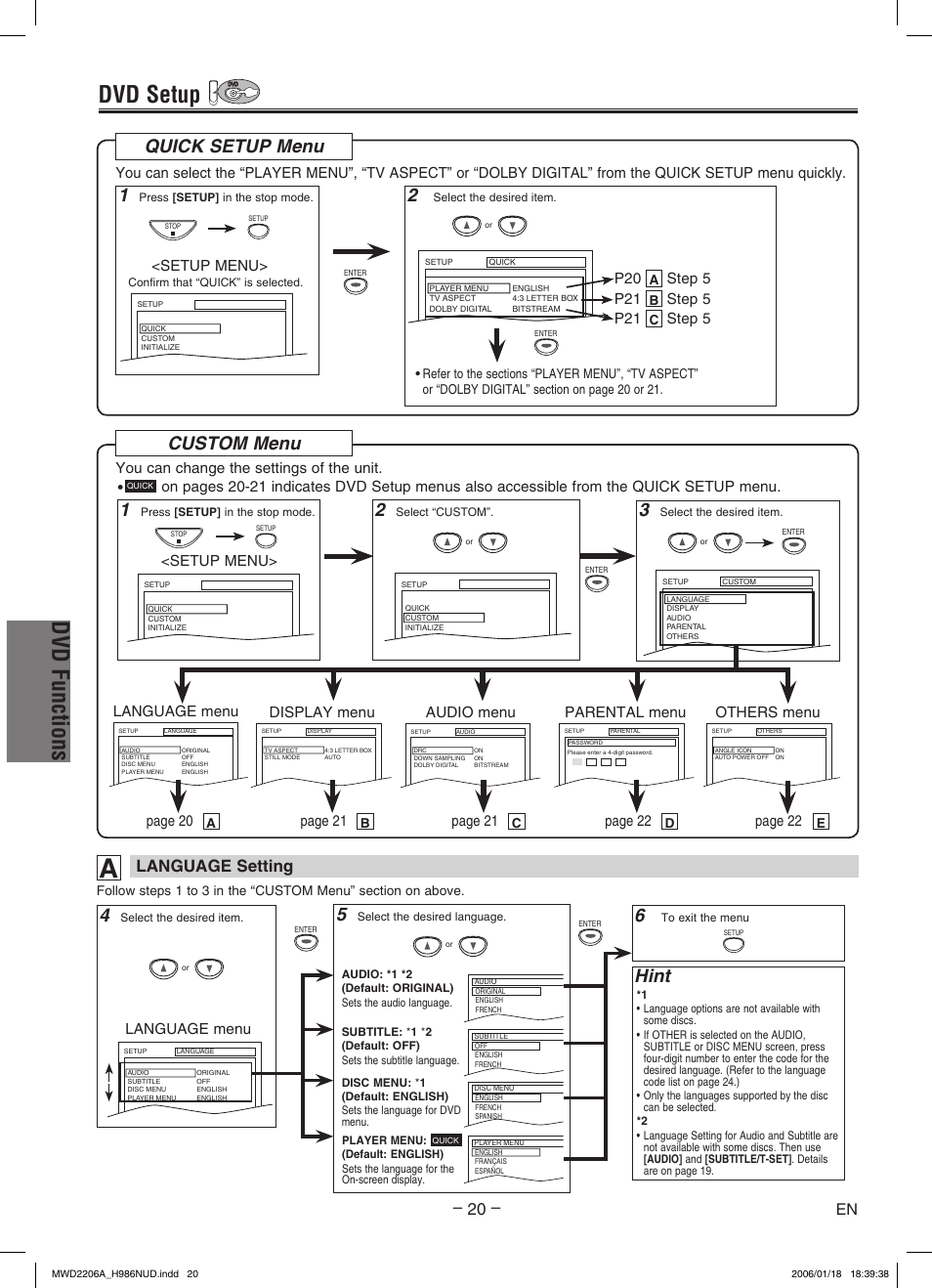 Dvd functions, Dvd setup, Hint | Quick setup menu, Custom menu, Language setting, Language menu p20, Step 5 p21, Step 5, You can change the settings of the unit | Philips Magnavox MWD2206A User Manual | Page 20 / 28