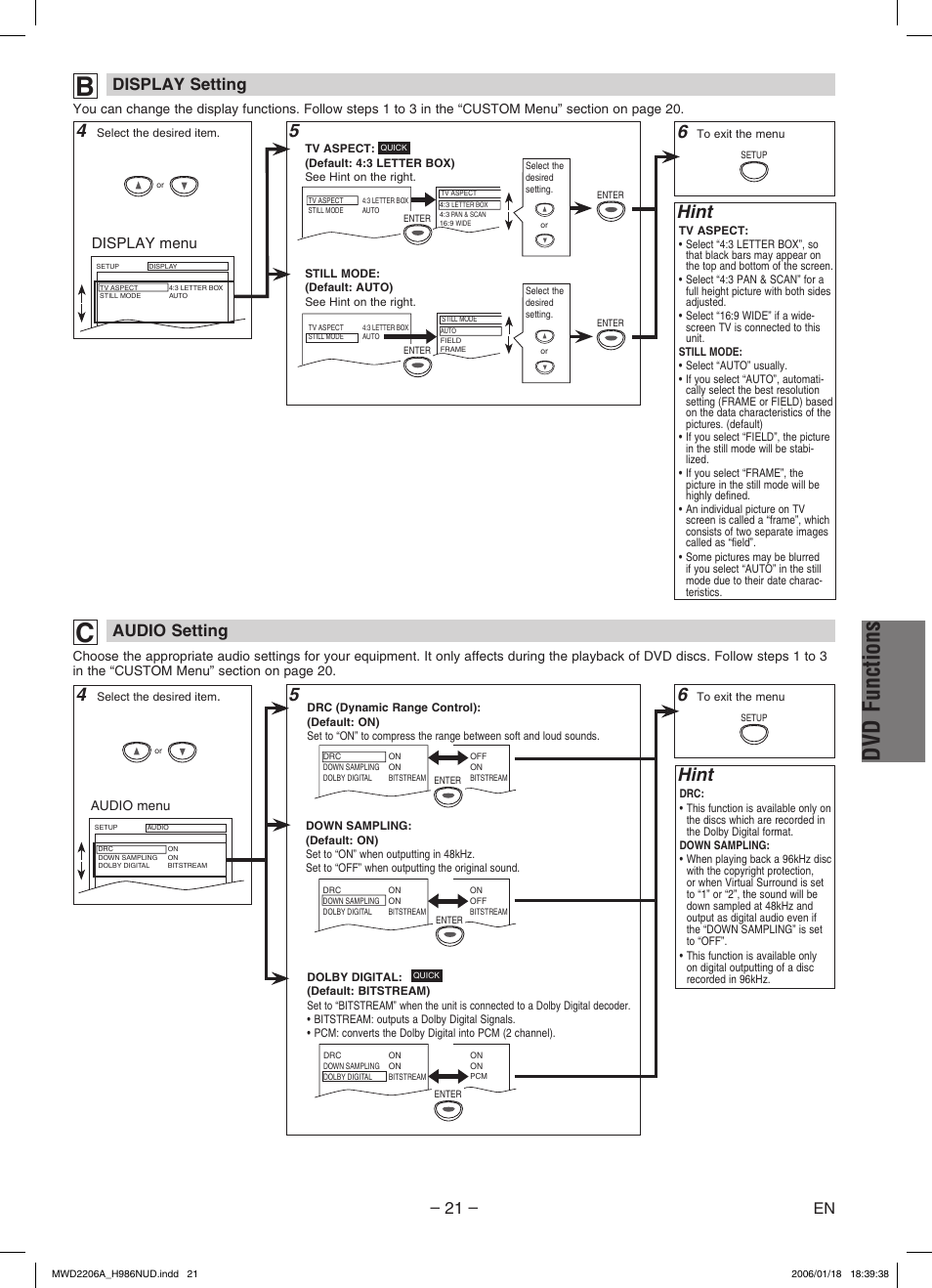 Dvd functions, 5hint, Hint | 21 – display setting, Audio setting, Display menu | Philips Magnavox MWD2206A User Manual | Page 21 / 28