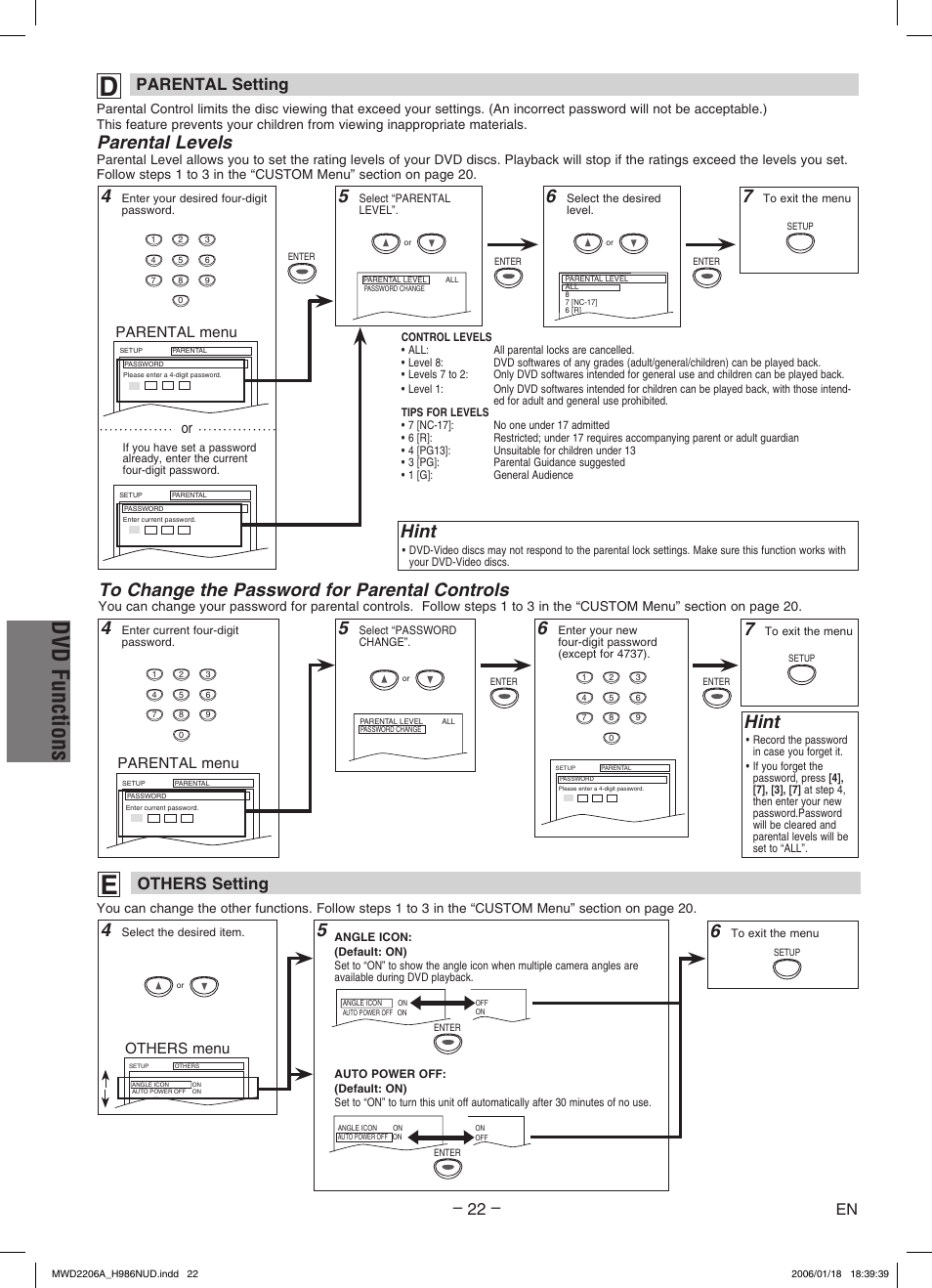 Dvd functions, Hint, Parental levels | Parental setting, Others setting, Parental menu, Others menu | Philips Magnavox MWD2206A User Manual | Page 22 / 28