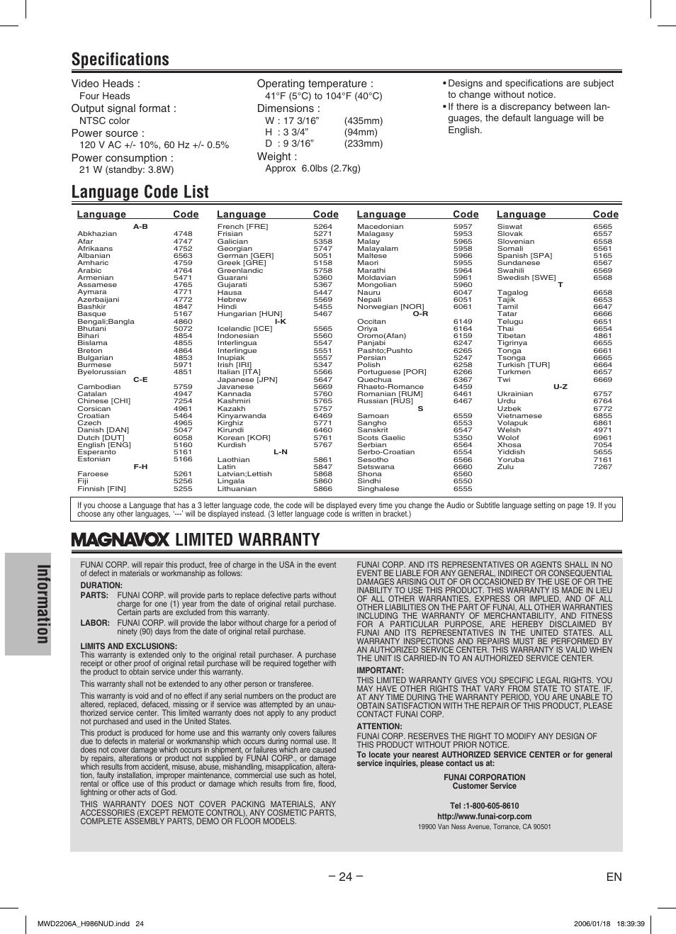 Information, Language code list specifications, Limited warranty | Video heads, Output signal format, Power source, Power consumption, Operating temperature, Dimensions, Weight | Philips Magnavox MWD2206A User Manual | Page 24 / 28