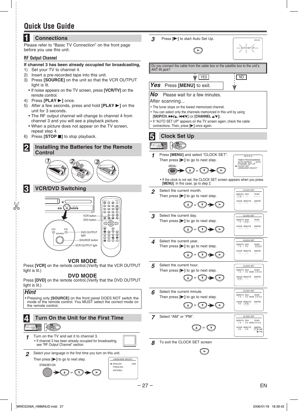 Quick use guide, Hint, Connections clock set up | Installing the batteries for the remote control, Vcr mode, Dvd mode, Rf output channel, Please wait for a few minutes. after scanning, Press [menu] to exit, Subtitle t-set | Philips Magnavox MWD2206A User Manual | Page 27 / 28