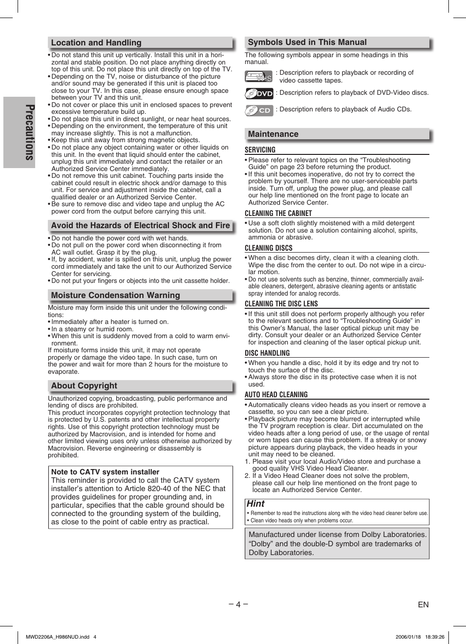 Precautions, Hint | Philips Magnavox MWD2206A User Manual | Page 4 / 28