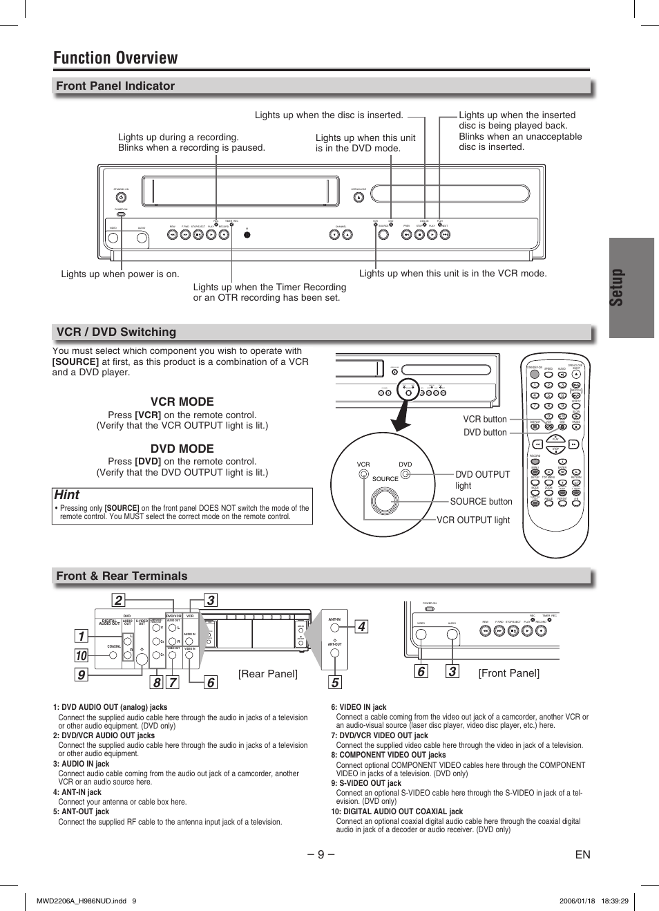 Setup, Function overview, Hint | Vcr mode, Dvd mode, Vcr / dvd switching front panel indicator, Front & rear terminals, Rear panel] [front panel, Component video out, Source button dvd output light vcr output light | Philips Magnavox MWD2206A User Manual | Page 9 / 28