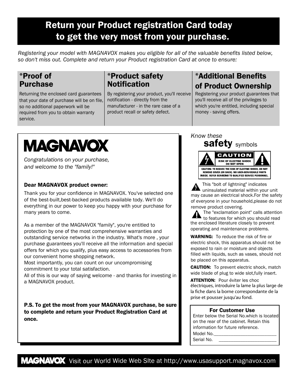 Safety, Proof of purchase, Product safety notification | Additional benefits of product ownership | Philips Magnavox 42MF 130A User Manual | Page 3 / 17