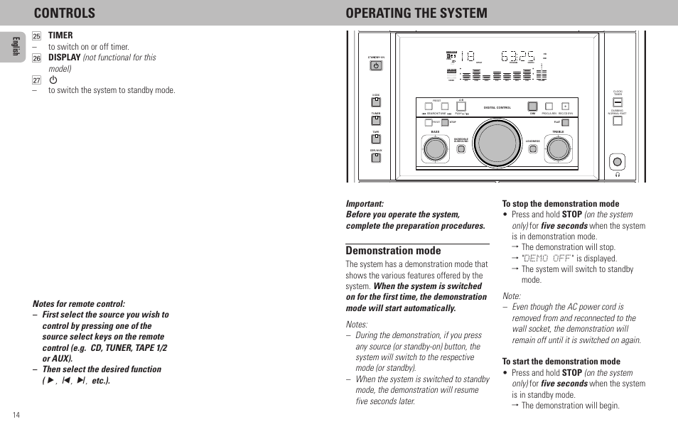 Controls operating the system, Demonstration mode | Philips MZ7-37 User Manual | Page 14 / 27