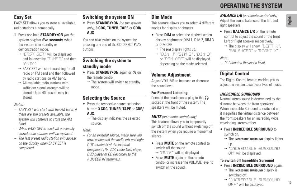 Operating the system, Easy set, Switching the system on | Switching the system to standby mode, Selecting the source, Dim mode, Volume adjustment, Digital control | Philips MZ7-37 User Manual | Page 15 / 27