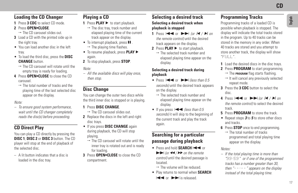 Loading the cd changer, Cd direct play, Playing a cd | Disc change, Selecting a desired track, Searching for a particular passage during playback, Programming tracks | Philips MZ7-37 User Manual | Page 17 / 27