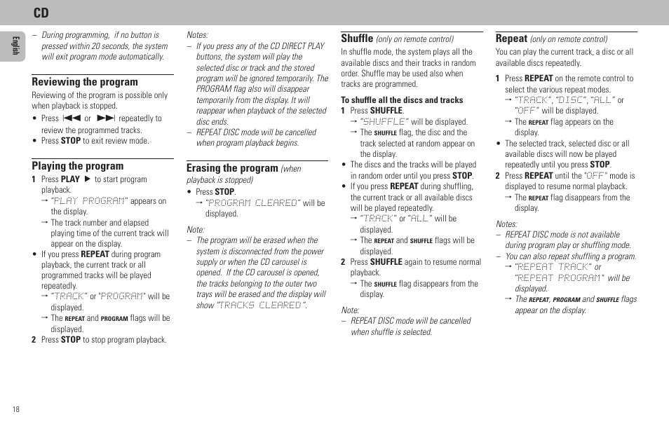 Erasing the program, Reviewing the program, Playing the program | Shuffle, Repeat | Philips MZ7-37 User Manual | Page 18 / 27